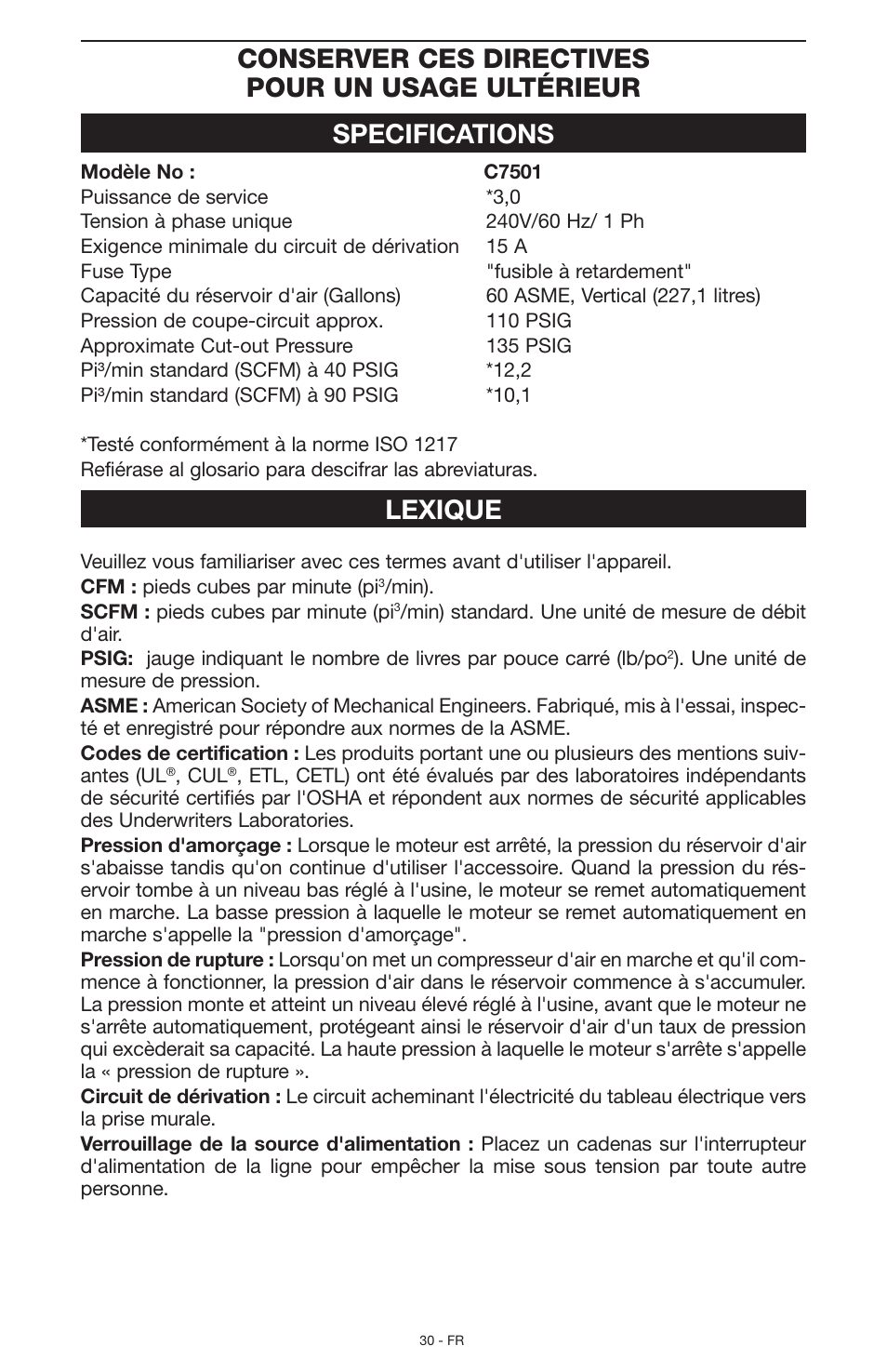 Lexique | Porter-Cable N028591 User Manual | Page 30 / 80