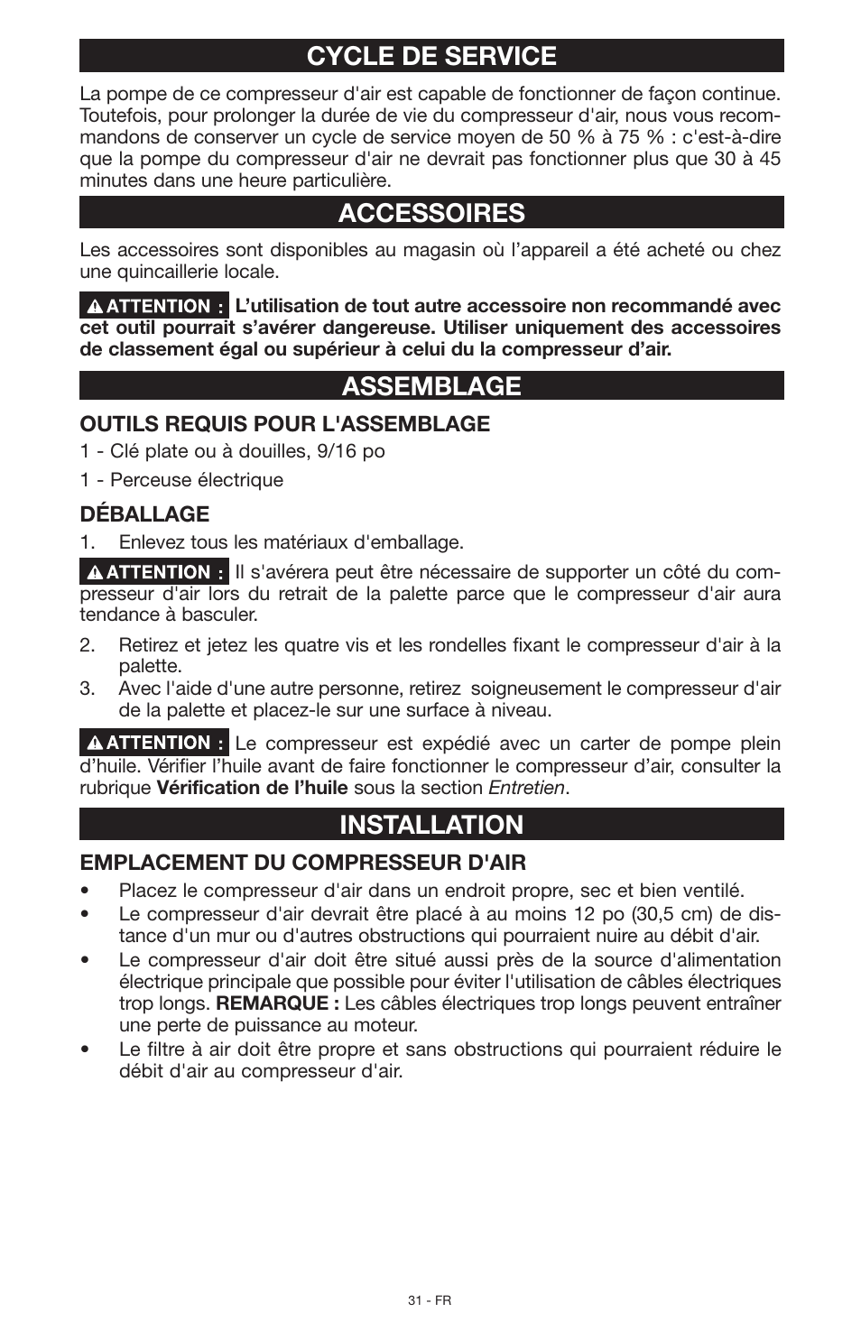 Cycle de service, Accessoires, Assemblage | Installation | Porter-Cable N028591 User Manual | Page 31 / 80