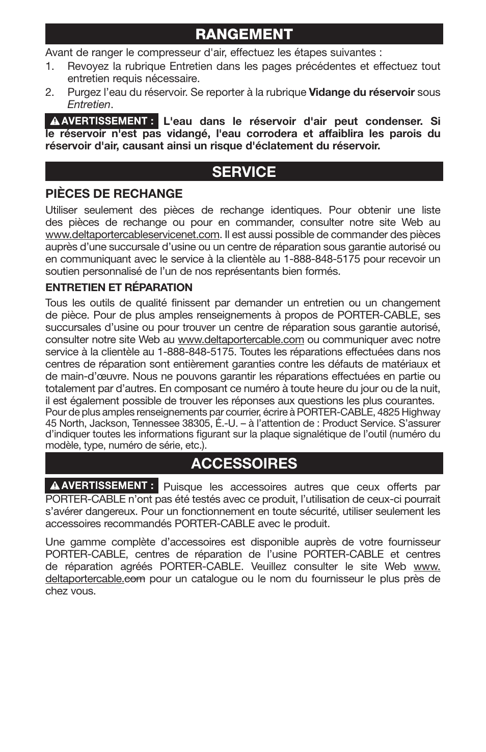 Rangement, Service, Accessoires | Porter-Cable N028591 User Manual | Page 44 / 80