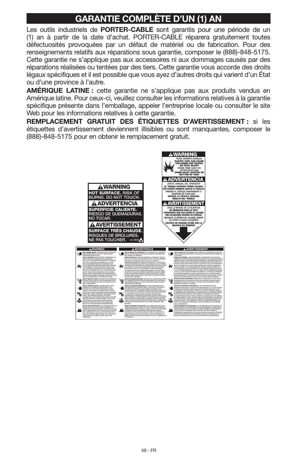 Garantie complète d’un (1) an, Warning, Advertencia avertissement | 49 - fr | Porter-Cable N028591 User Manual | Page 49 / 80