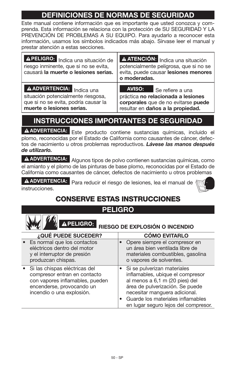 Definiciones de normas de seguridad, Instrucciones importantes de seguridad, Conserve estas instrucciones peligro | Porter-Cable N028591 User Manual | Page 50 / 80