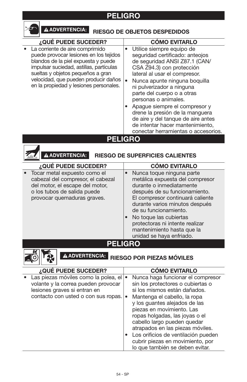 Peligro | Porter-Cable N028591 User Manual | Page 54 / 80