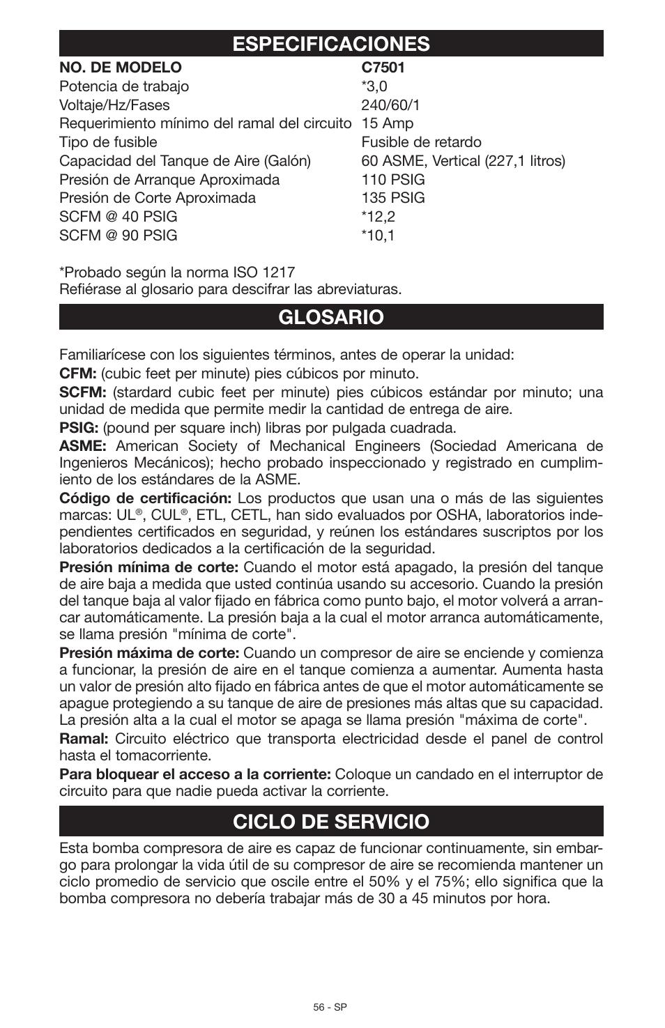 Especificaciones, Glosario, Ciclo de servicio | Porter-Cable N028591 User Manual | Page 56 / 80