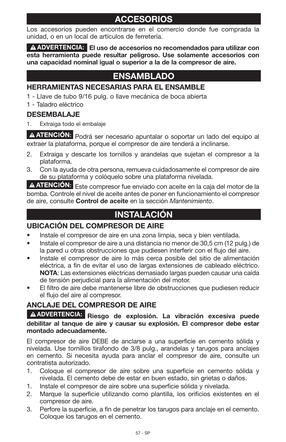 Accesorios, Ensamblado, Instalación | Porter-Cable N028591 User Manual | Page 57 / 80