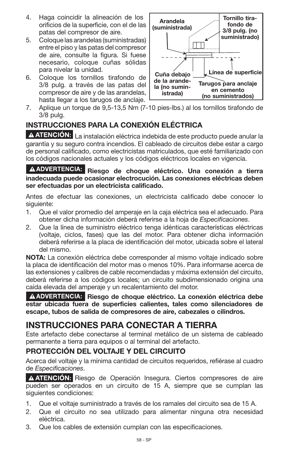 Instrucciones para conectar a tierra | Porter-Cable N028591 User Manual | Page 58 / 80