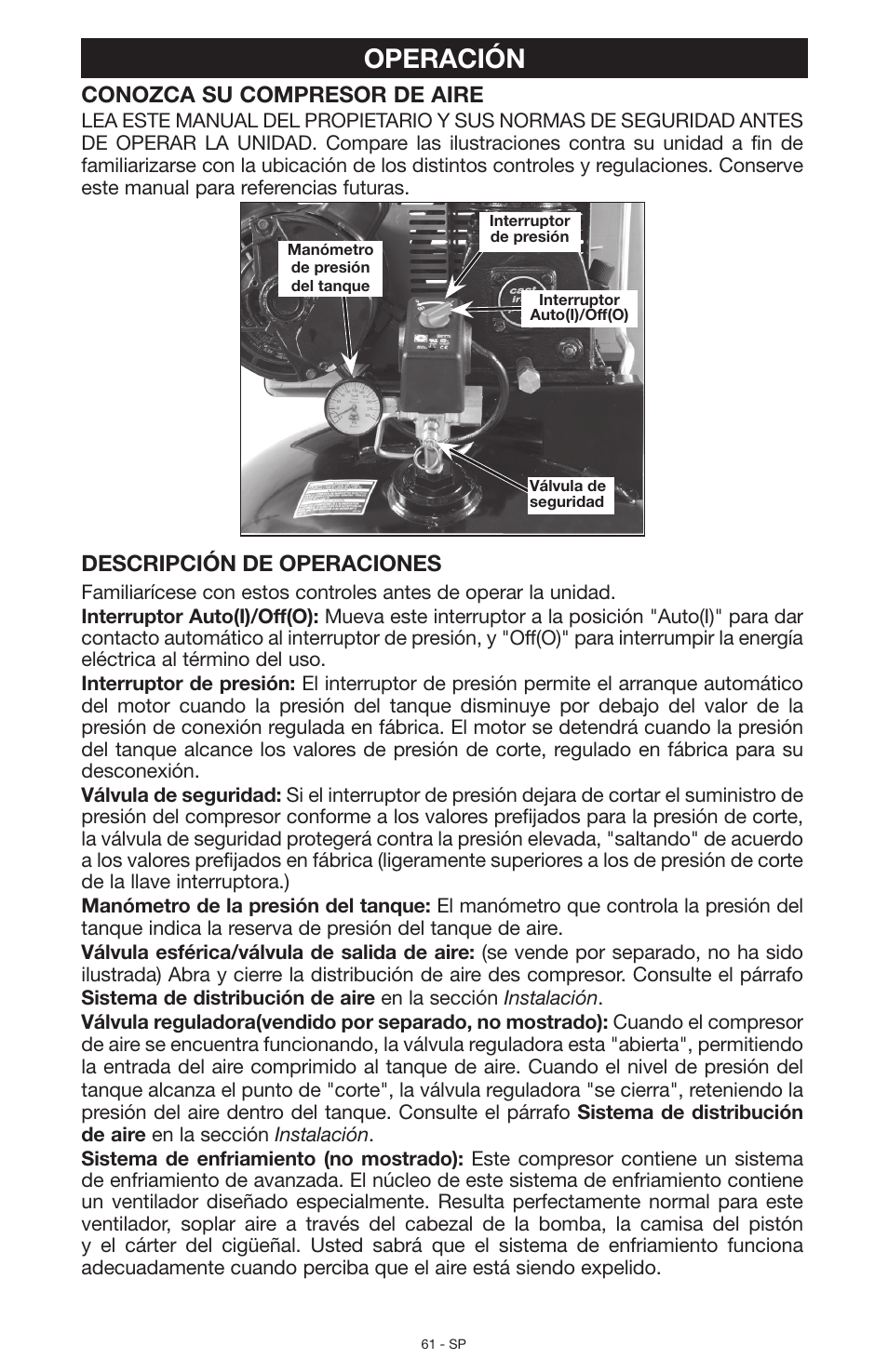 Operación, Conozca su compresor de aire, Descripción de operaciones | Porter-Cable N028591 User Manual | Page 61 / 80