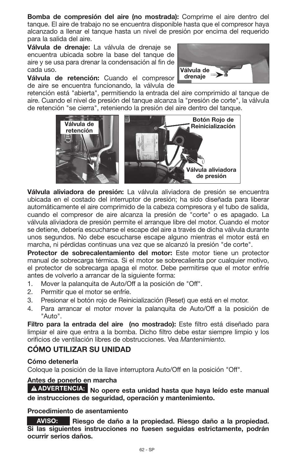 Cómo utilizar su unidad | Porter-Cable N028591 User Manual | Page 62 / 80