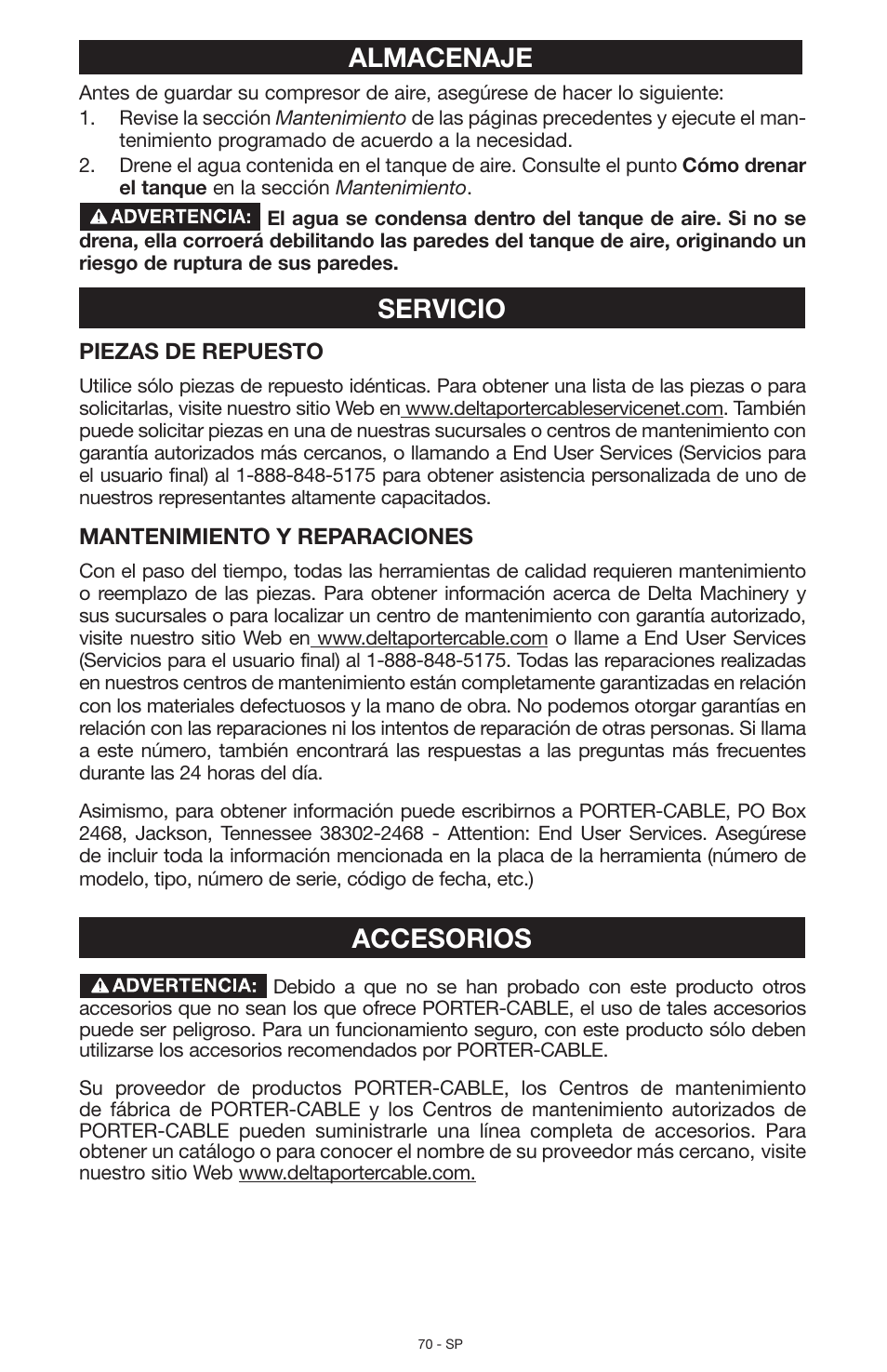 Almacenaje, Servicio, Accesorios | Porter-Cable N028591 User Manual | Page 70 / 80