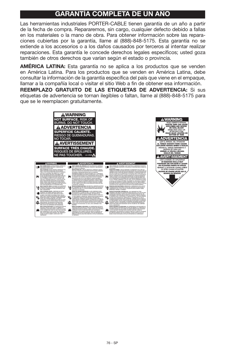 Garantía completa de un año, Warning, Advertencia avertissement | 76 - sp | Porter-Cable N028591 User Manual | Page 76 / 80