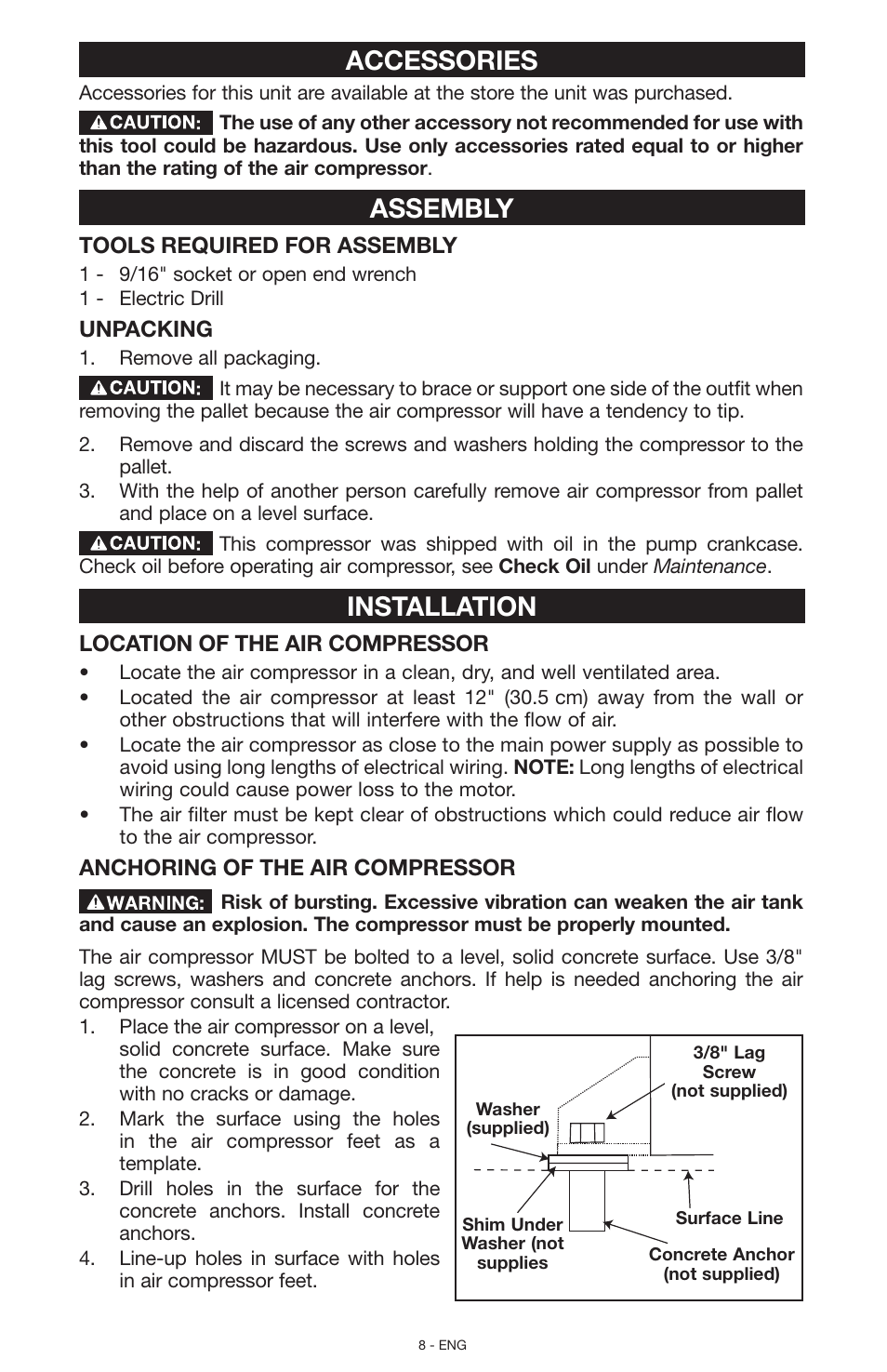 Accessories, Assembly, Installation | Porter-Cable N028591 User Manual | Page 8 / 80