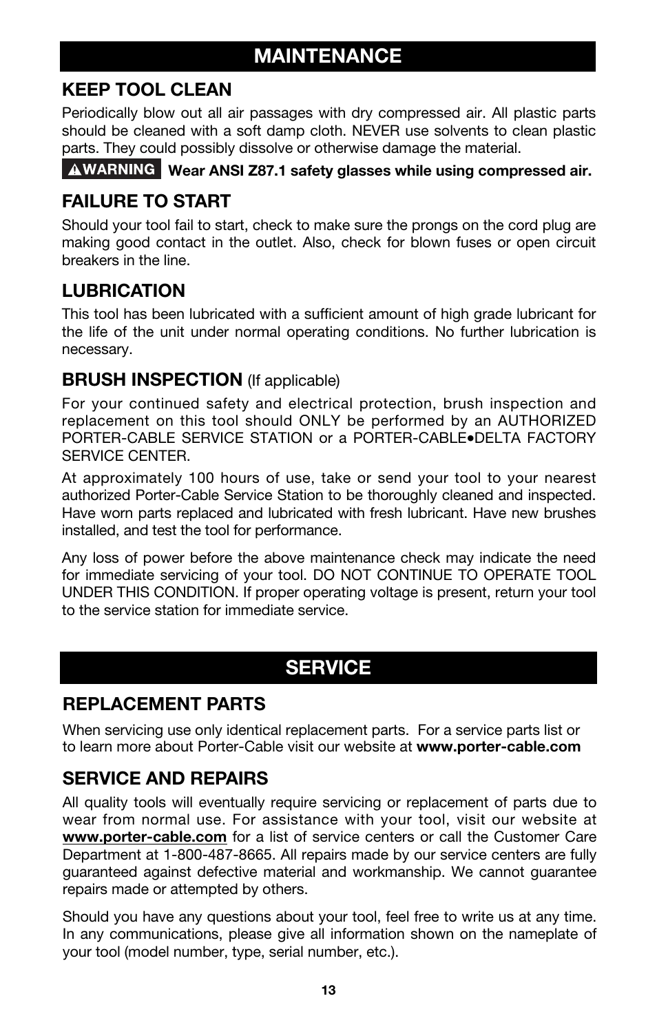 Maintenance service | Porter-Cable 7430 User Manual | Page 13 / 15