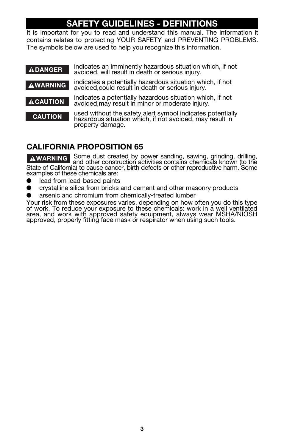 Safety guidelines - definitions, California proposition 65 | Porter-Cable 7430 User Manual | Page 3 / 15