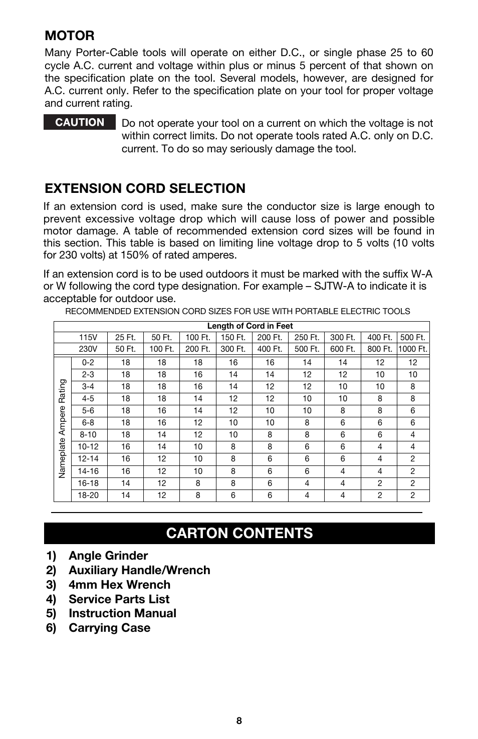 Carton contents, Extension cord selection motor | Porter-Cable 7430 User Manual | Page 8 / 15