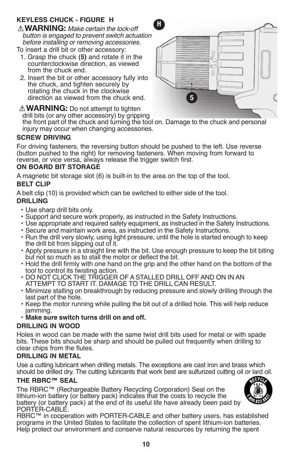 Warning | Porter-Cable PCL120DD User Manual | Page 10 / 44