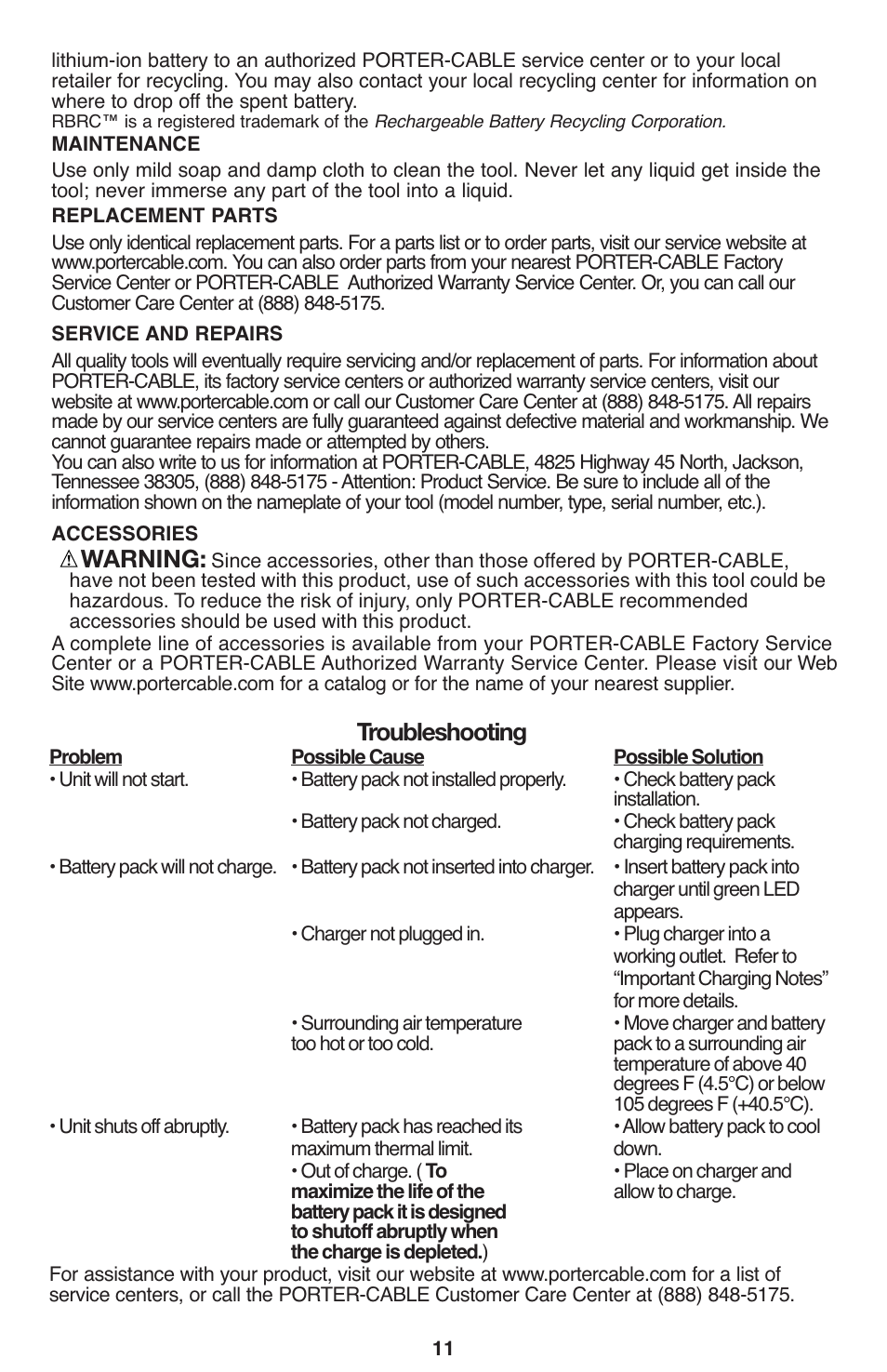 Warning, Troubleshooting | Porter-Cable PCL120DD User Manual | Page 11 / 44