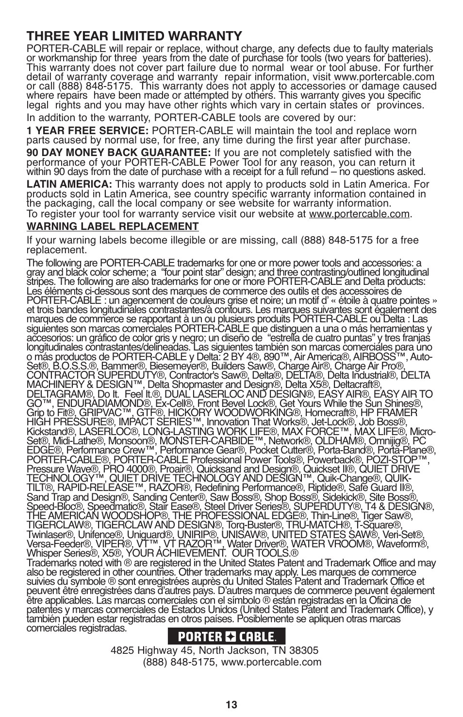 Three year limited warranty | Porter-Cable PCL120DD User Manual | Page 13 / 44