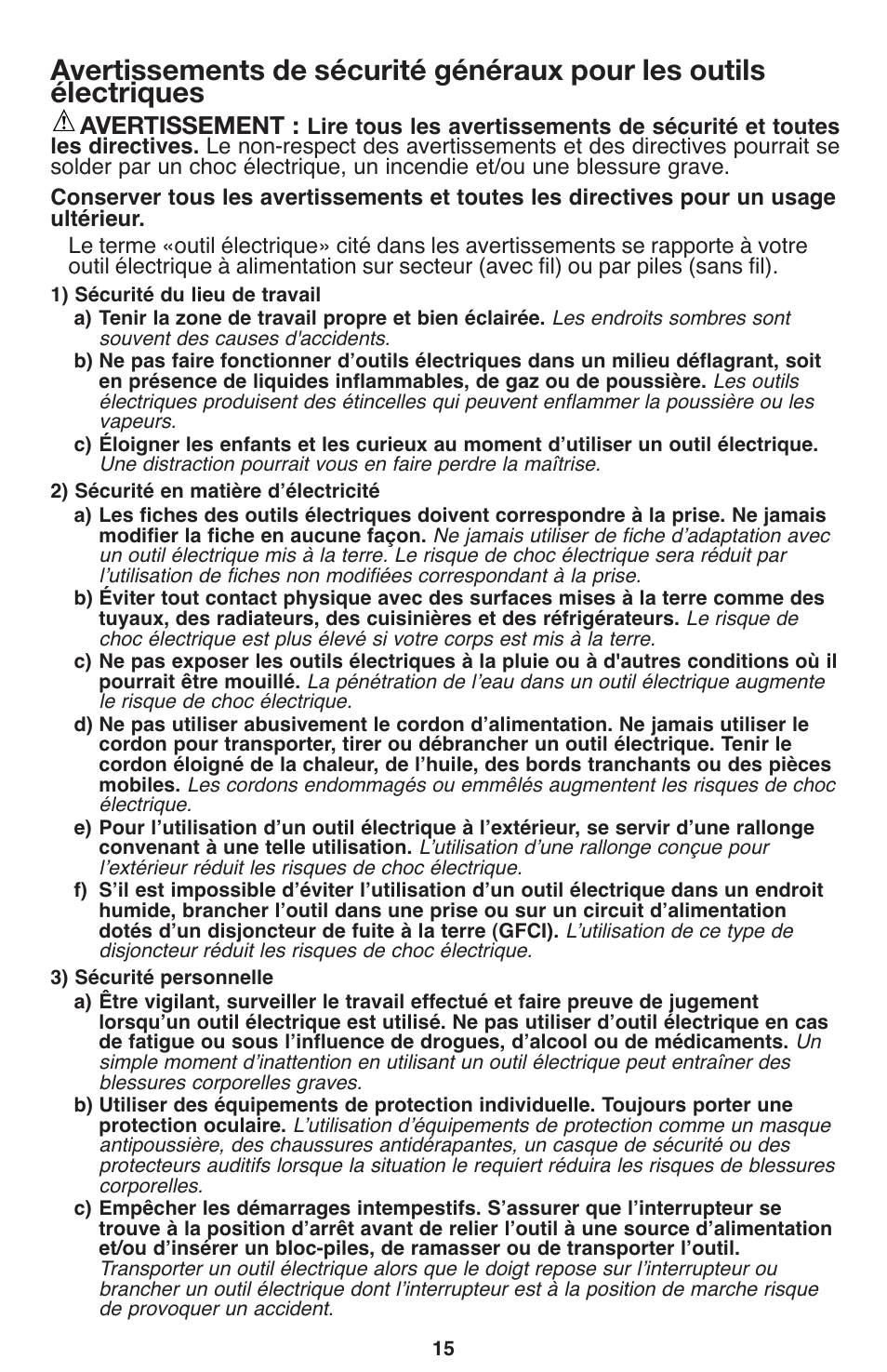 Avertissement | Porter-Cable PCL120DD User Manual | Page 15 / 44