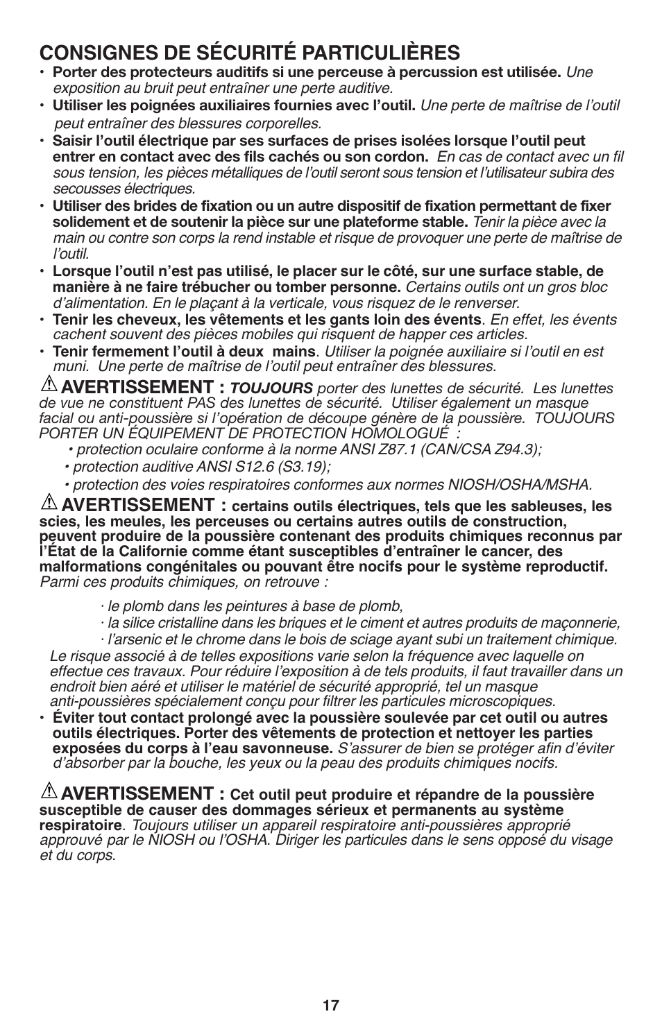 Consignes de sécurité particulières, Avertissement | Porter-Cable PCL120DD User Manual | Page 17 / 44