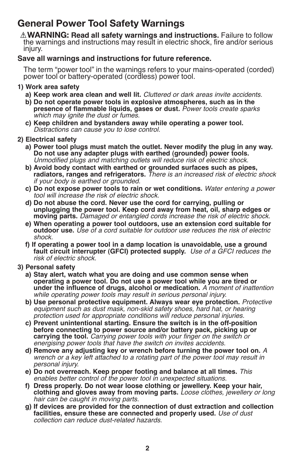 General power tool safety warnings, Warning | Porter-Cable PCL120DD User Manual | Page 2 / 44