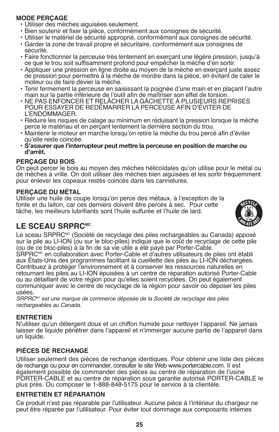 Le sceau srprc | Porter-Cable PCL120DD User Manual | Page 25 / 44