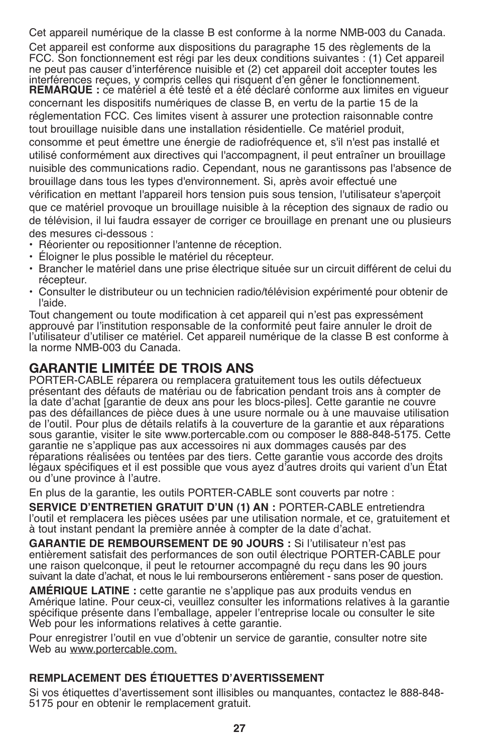 Garantie limitée de trois ans | Porter-Cable PCL120DD User Manual | Page 27 / 44