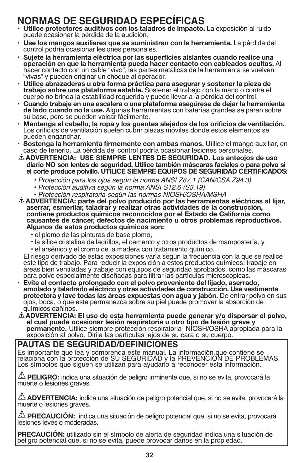 Normas de seguridad específicas, Pautas de seguridad/definiciones | Porter-Cable PCL120DD User Manual | Page 32 / 44