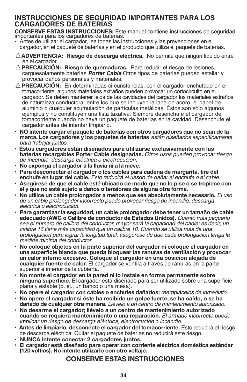 Conserve estas instrucciones | Porter-Cable PCL120DD User Manual | Page 34 / 44