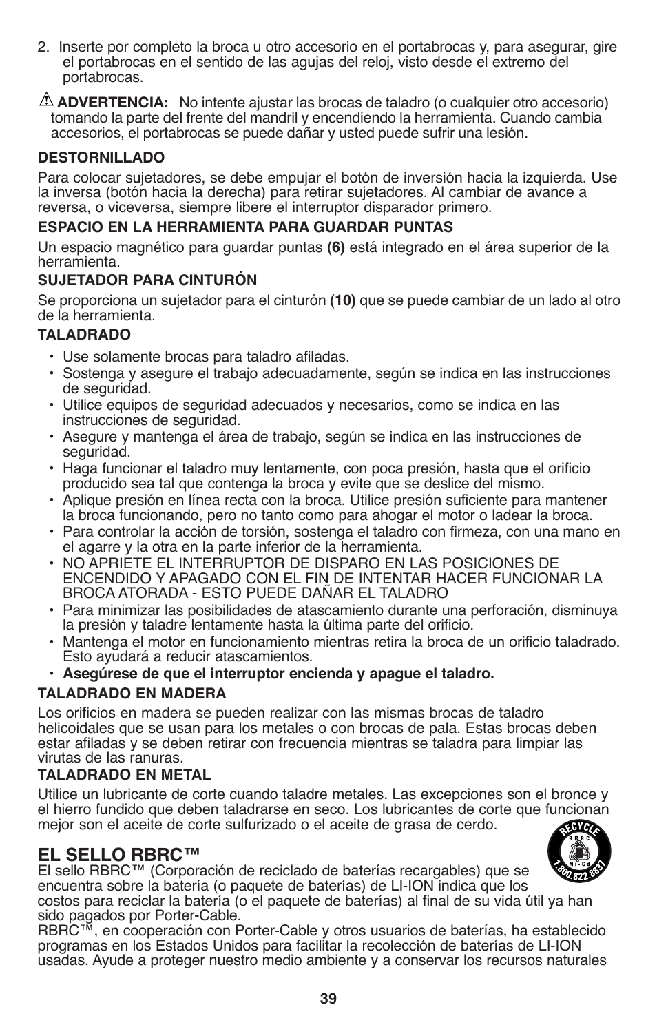 El sello rbrc | Porter-Cable PCL120DD User Manual | Page 39 / 44