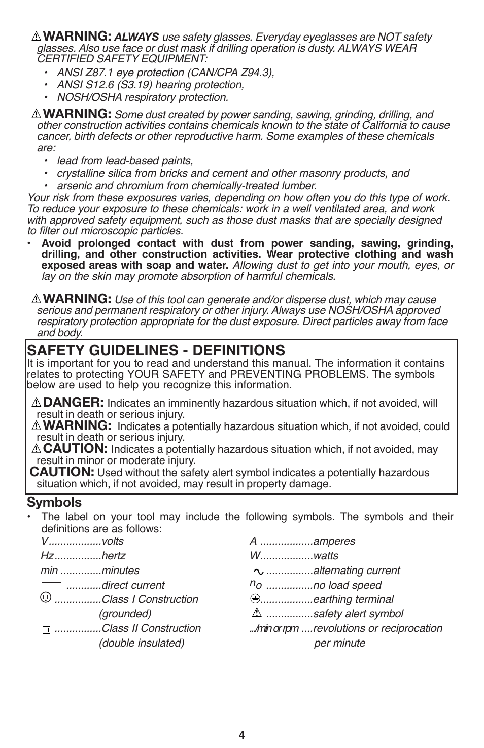 Safety guidelines - definitions, Warning, Danger | Caution, Symbols | Porter-Cable PCL120DD User Manual | Page 4 / 44