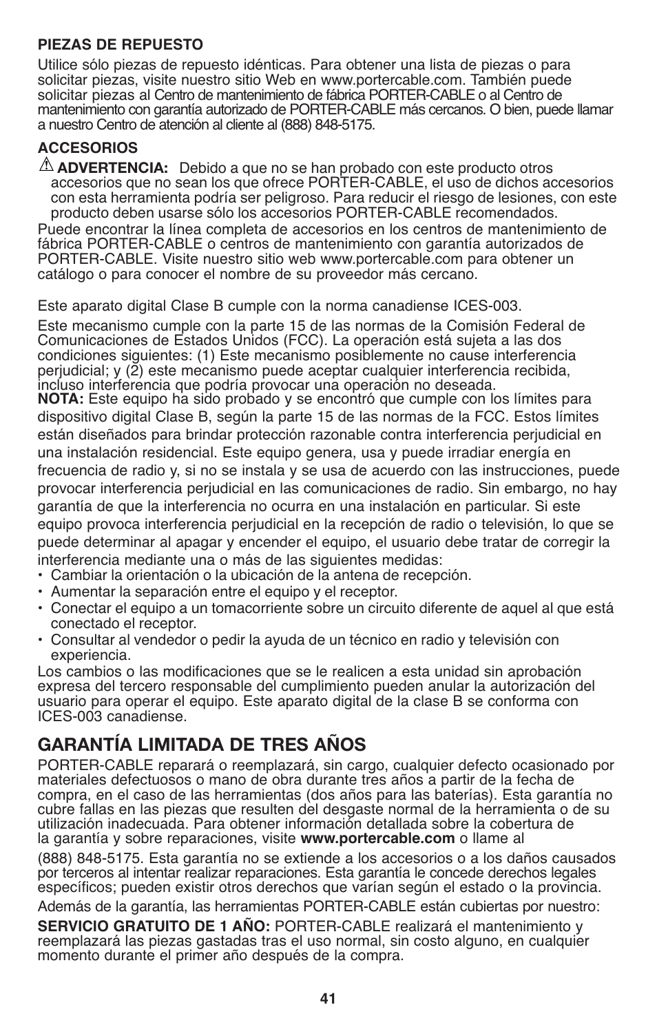 Garantía limitada de tres años | Porter-Cable PCL120DD User Manual | Page 41 / 44