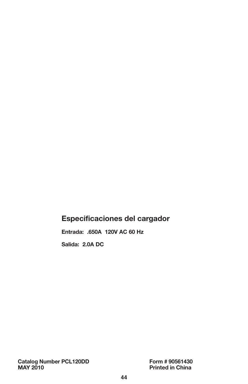 Especificaciones del cargador | Porter-Cable PCL120DD User Manual | Page 44 / 44