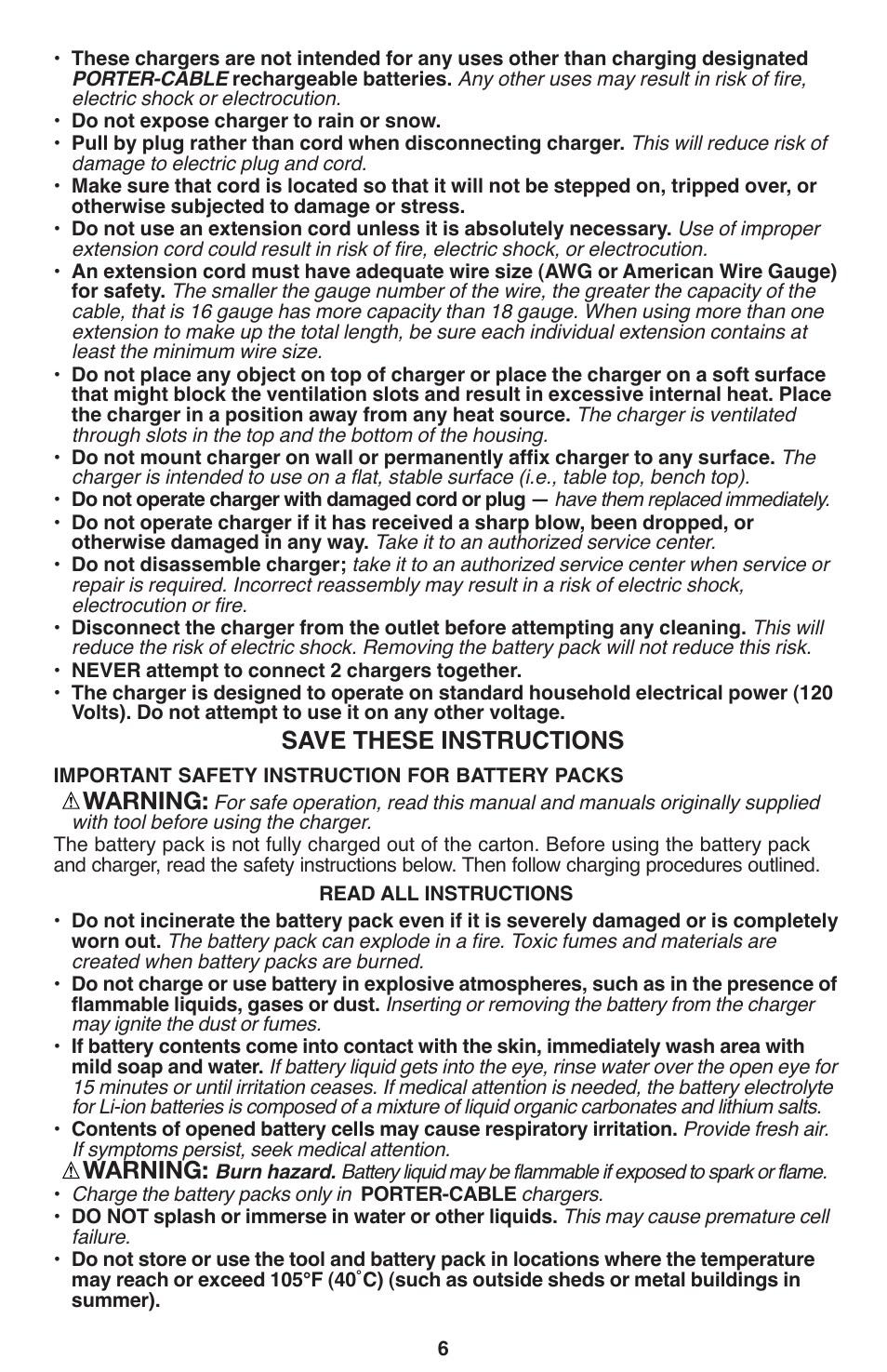 Save these instructions, Warning | Porter-Cable PCL120DD User Manual | Page 6 / 44