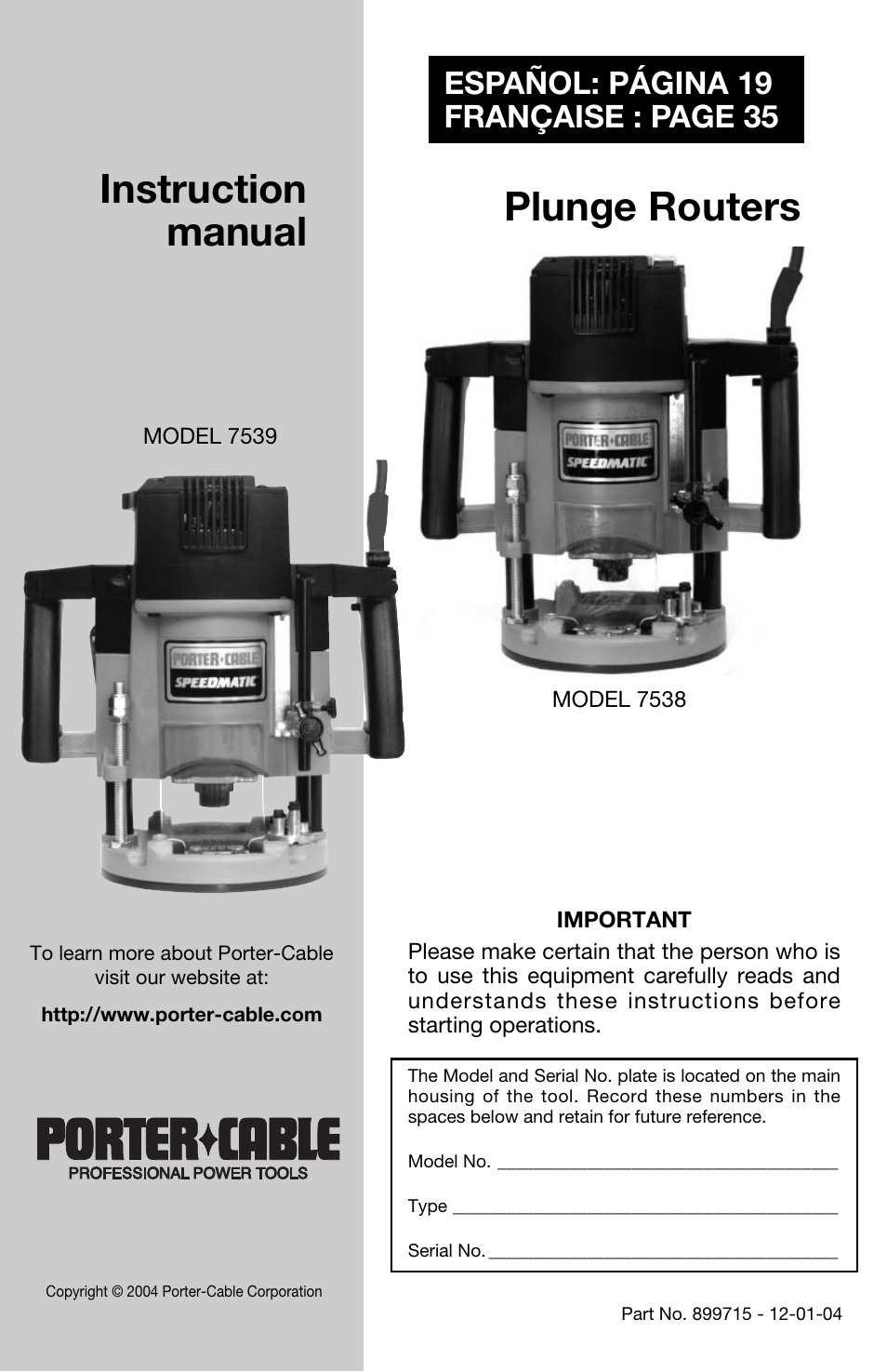 Porter-Cable 7538 User Manual | 19 pages