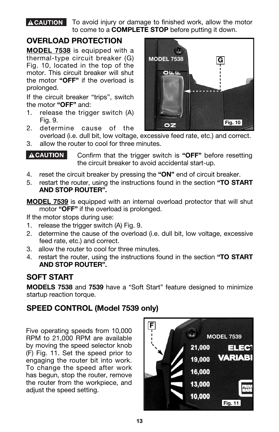 Overload protection, Soft start, Speed control (model 7539 only) | Porter-Cable 7538 User Manual | Page 13 / 19