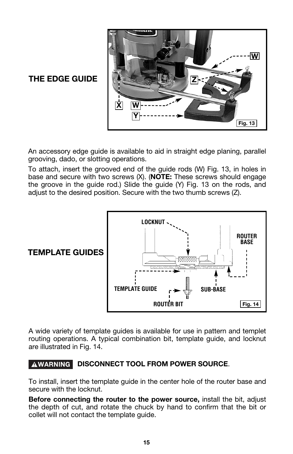 The edge guide, Template guides | Porter-Cable 7538 User Manual | Page 15 / 19