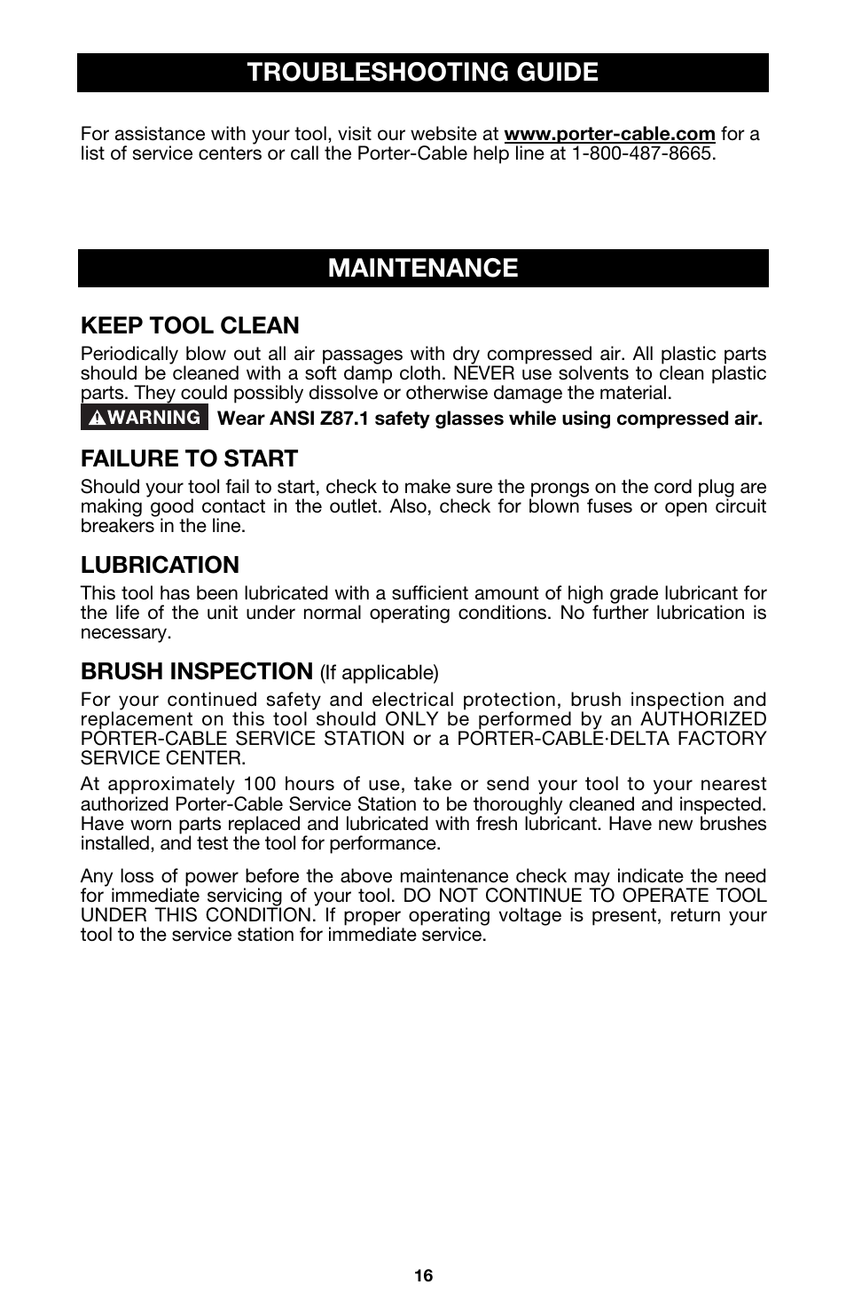 Maintenance, Troubleshooting guide | Porter-Cable 7538 User Manual | Page 16 / 19