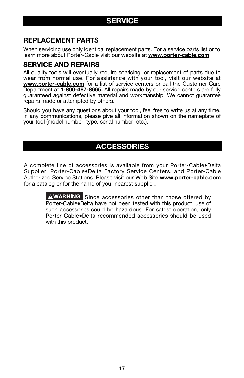 Accessories, Service, Replacement parts | Service and repairs | Porter-Cable 7538 User Manual | Page 17 / 19