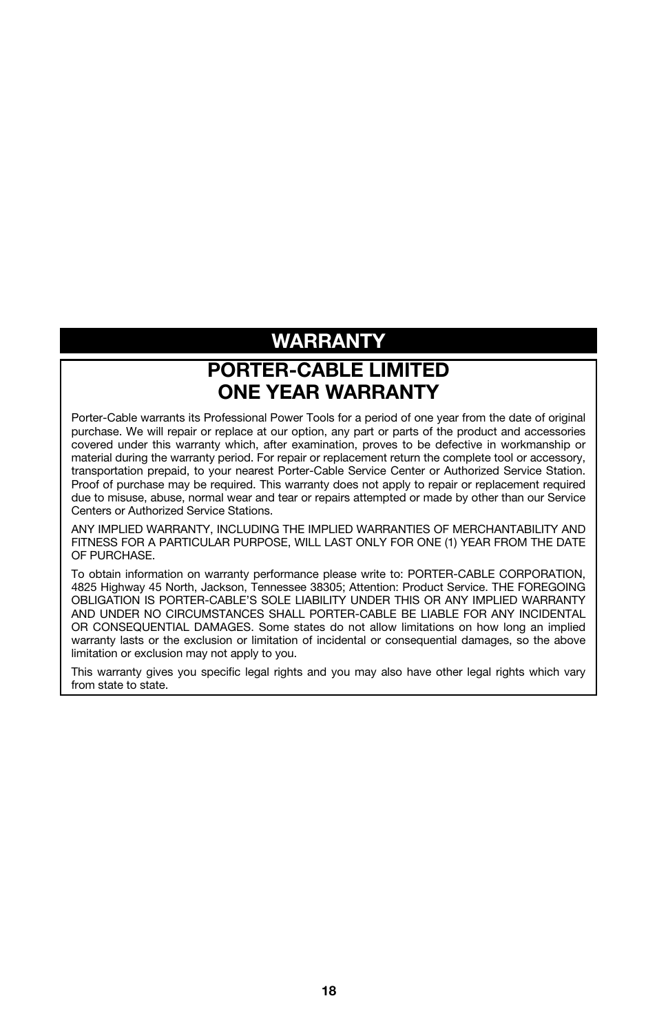 Porter-cable limited one year warranty, Warranty | Porter-Cable 7538 User Manual | Page 18 / 19