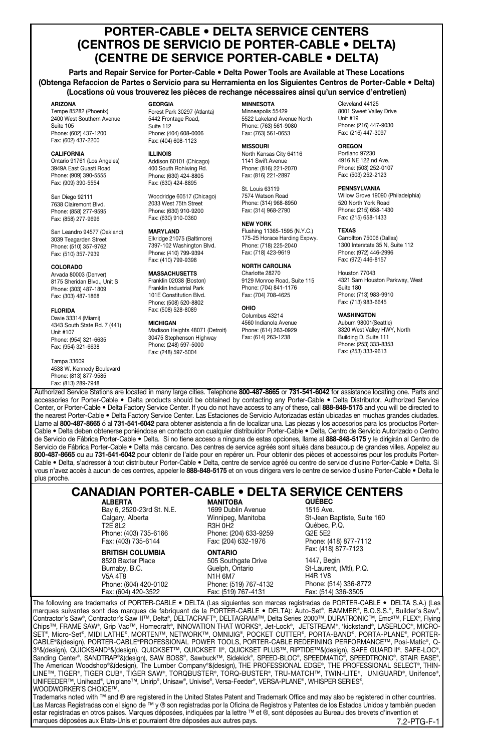 Canadian porter-cable • delta service centers, Ptg-f-1 | Porter-Cable 7538 User Manual | Page 19 / 19