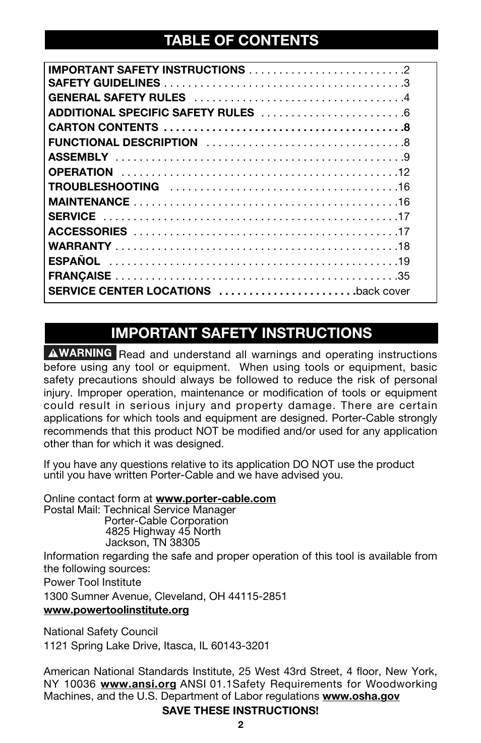 Table of contents important safety instructions | Porter-Cable 7538 User Manual | Page 2 / 19