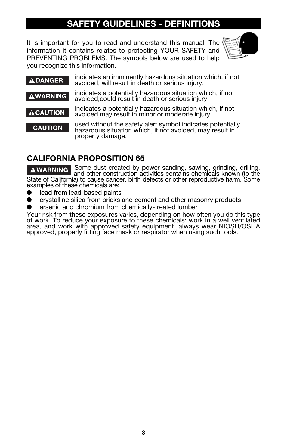 Safety guidelines - definitions, California proposition 65 | Porter-Cable 7538 User Manual | Page 3 / 19