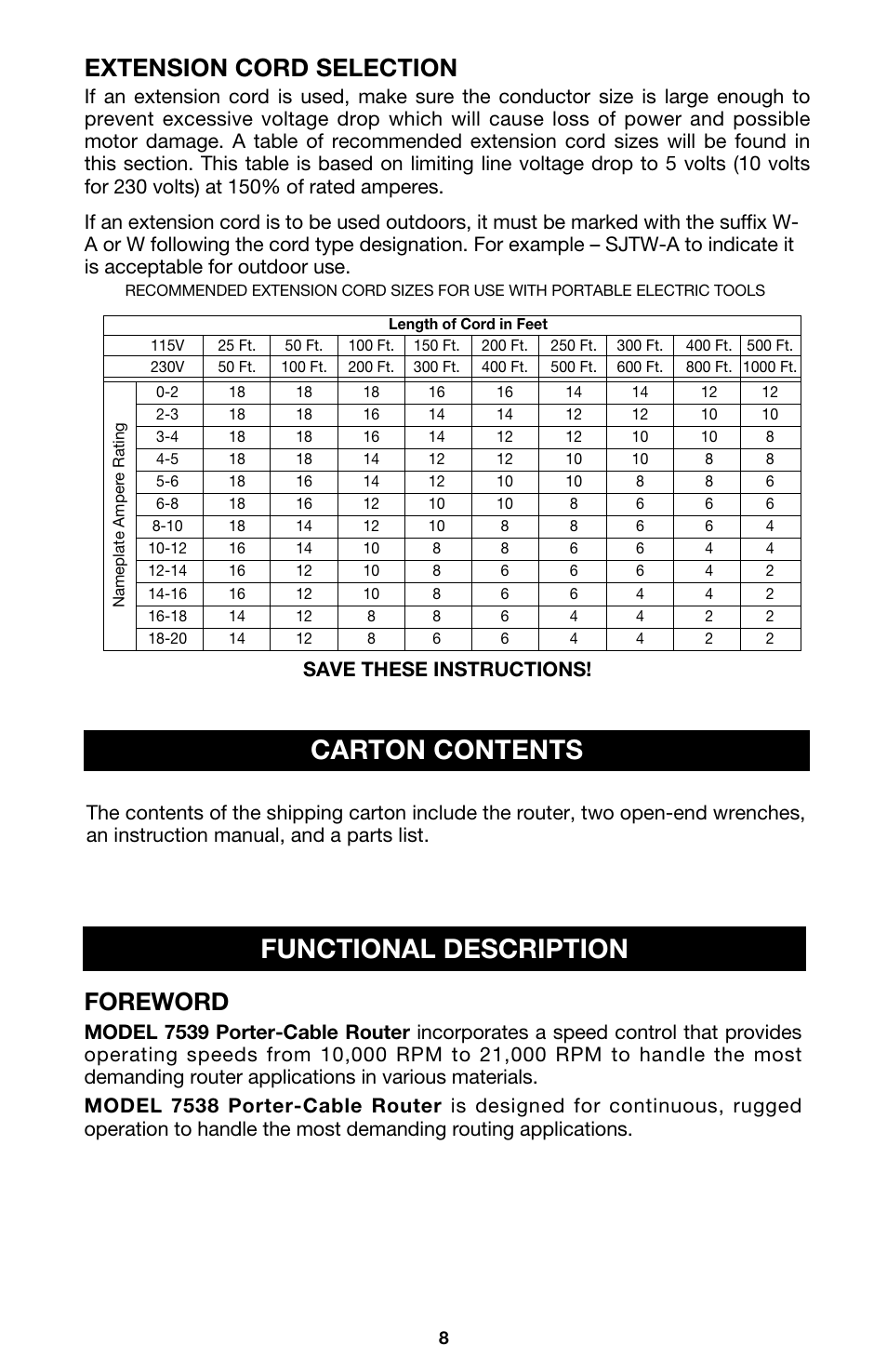 Functional description carton contents, Extension cord selection, Foreword | Save these instructions | Porter-Cable 7538 User Manual | Page 8 / 19