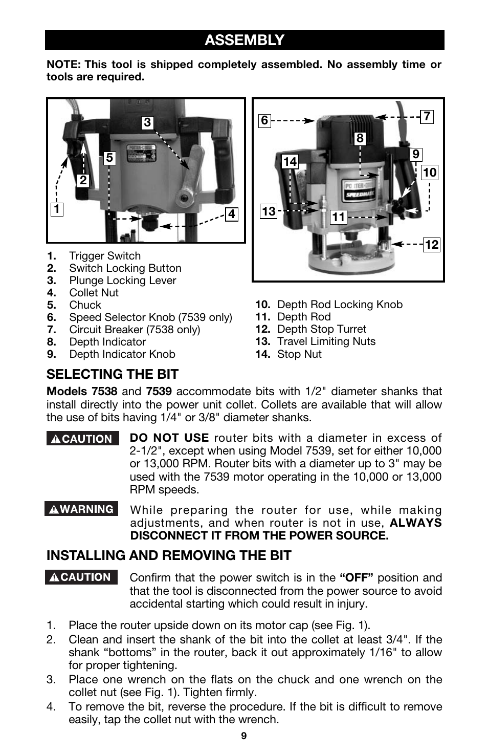 Assembly, Selecting the bit, Installing and removing the bit | Porter-Cable 7538 User Manual | Page 9 / 19