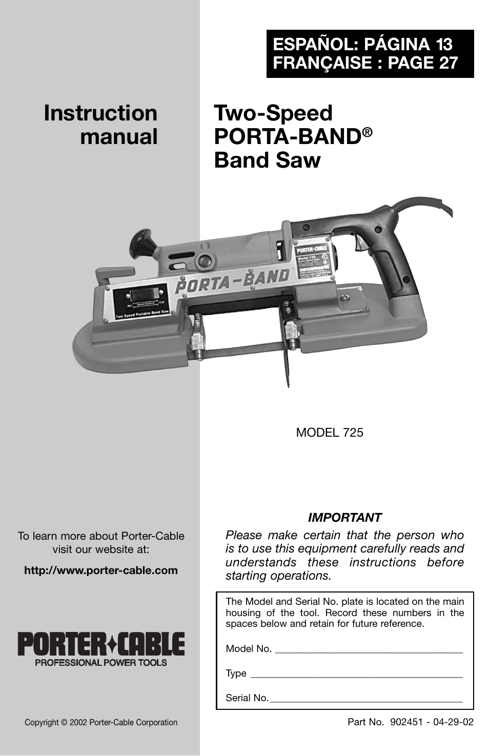 Porter-Cable 725 User Manual | 13 pages