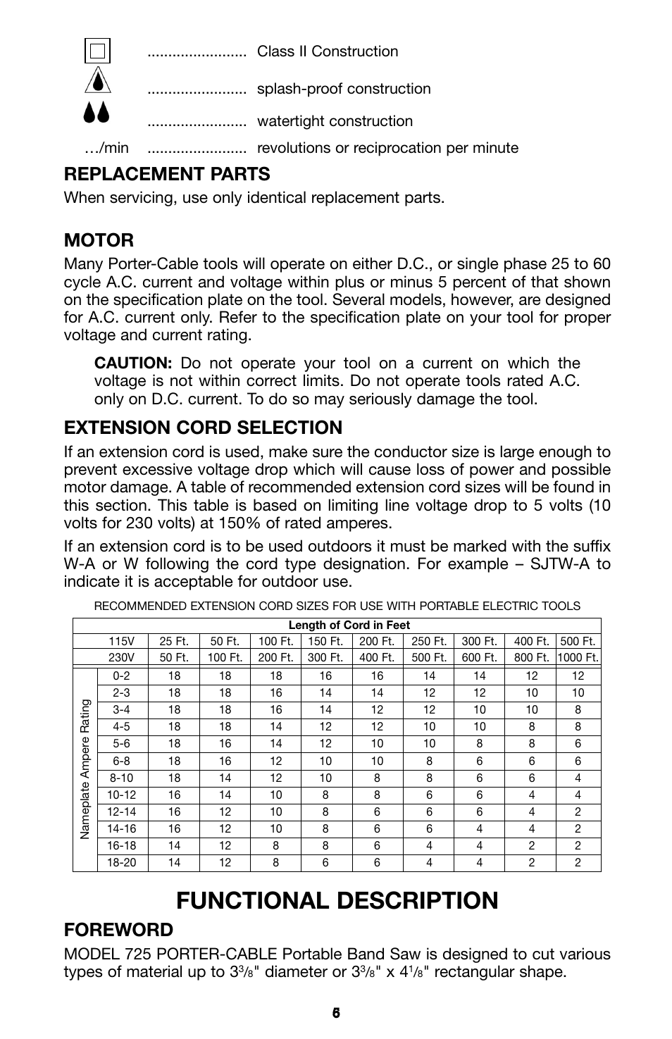 Functional description, Replacement parts, Motor | Extension cord selection, Foreword, Diameter or 3, Rectangular shape | Porter-Cable 725 User Manual | Page 6 / 13