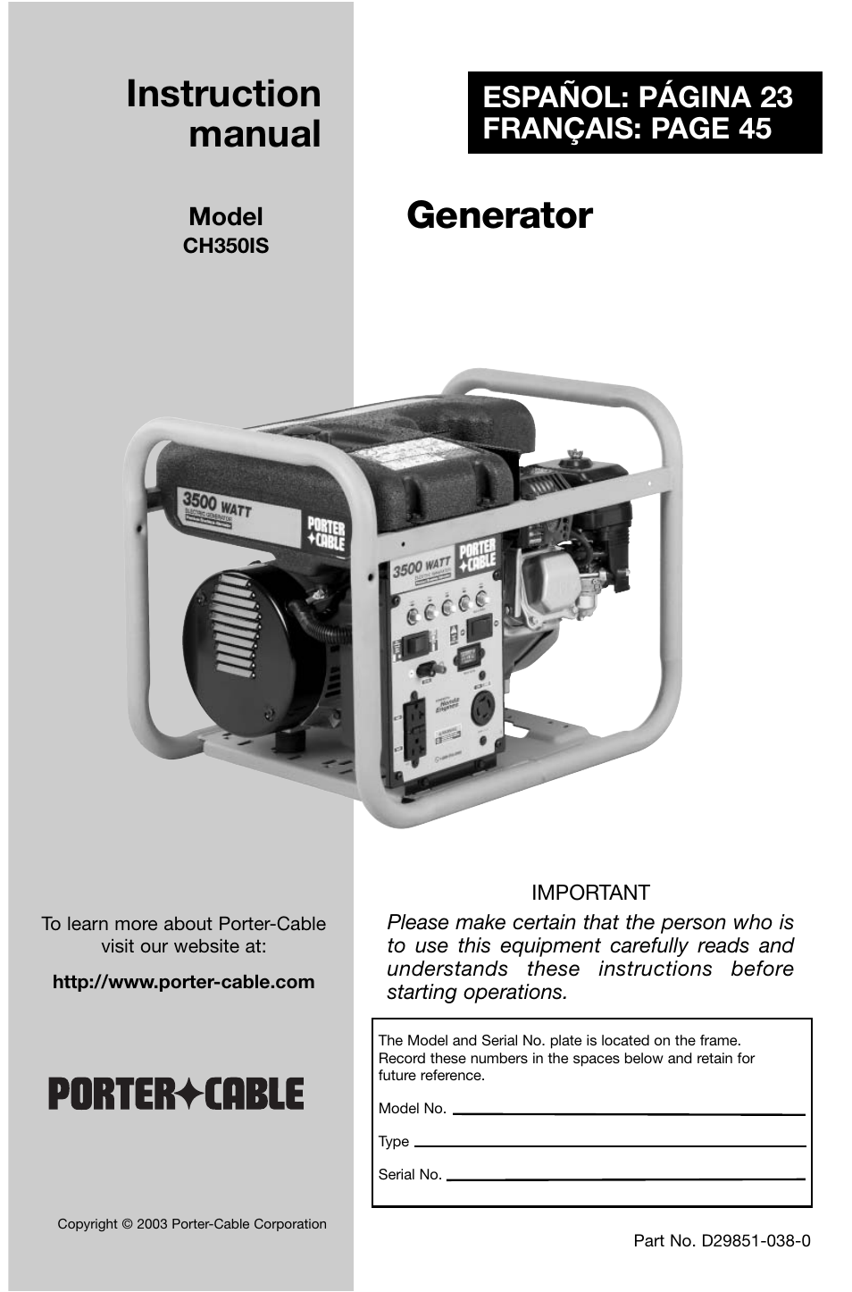 Porter-Cable D29851-038-0 User Manual | 22 pages