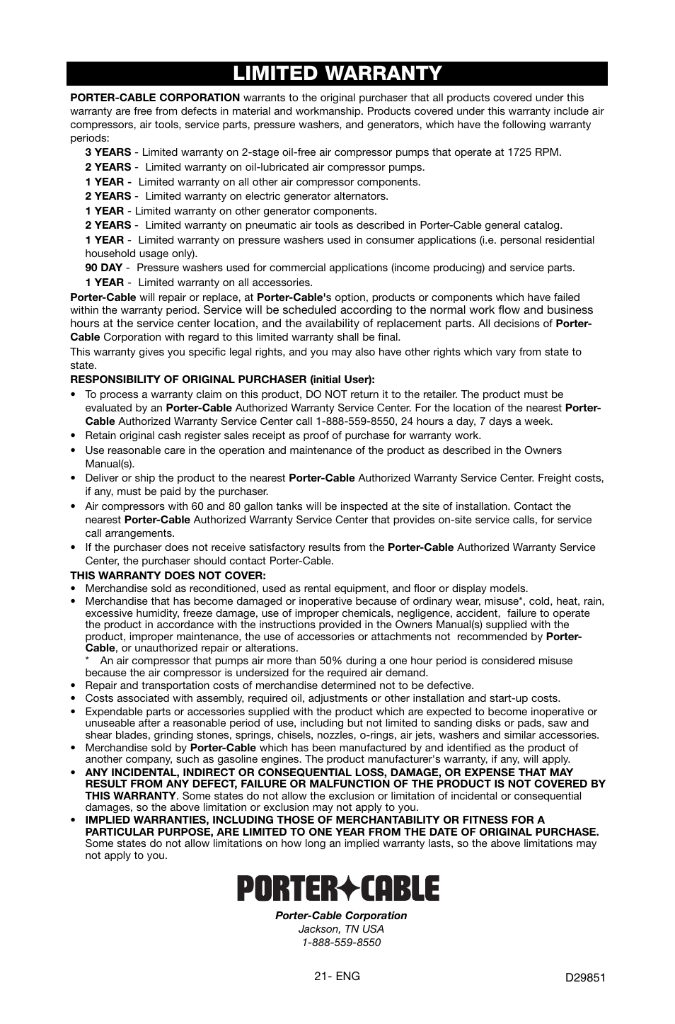 Limited warranty | Porter-Cable D29851-038-0 User Manual | Page 21 / 22