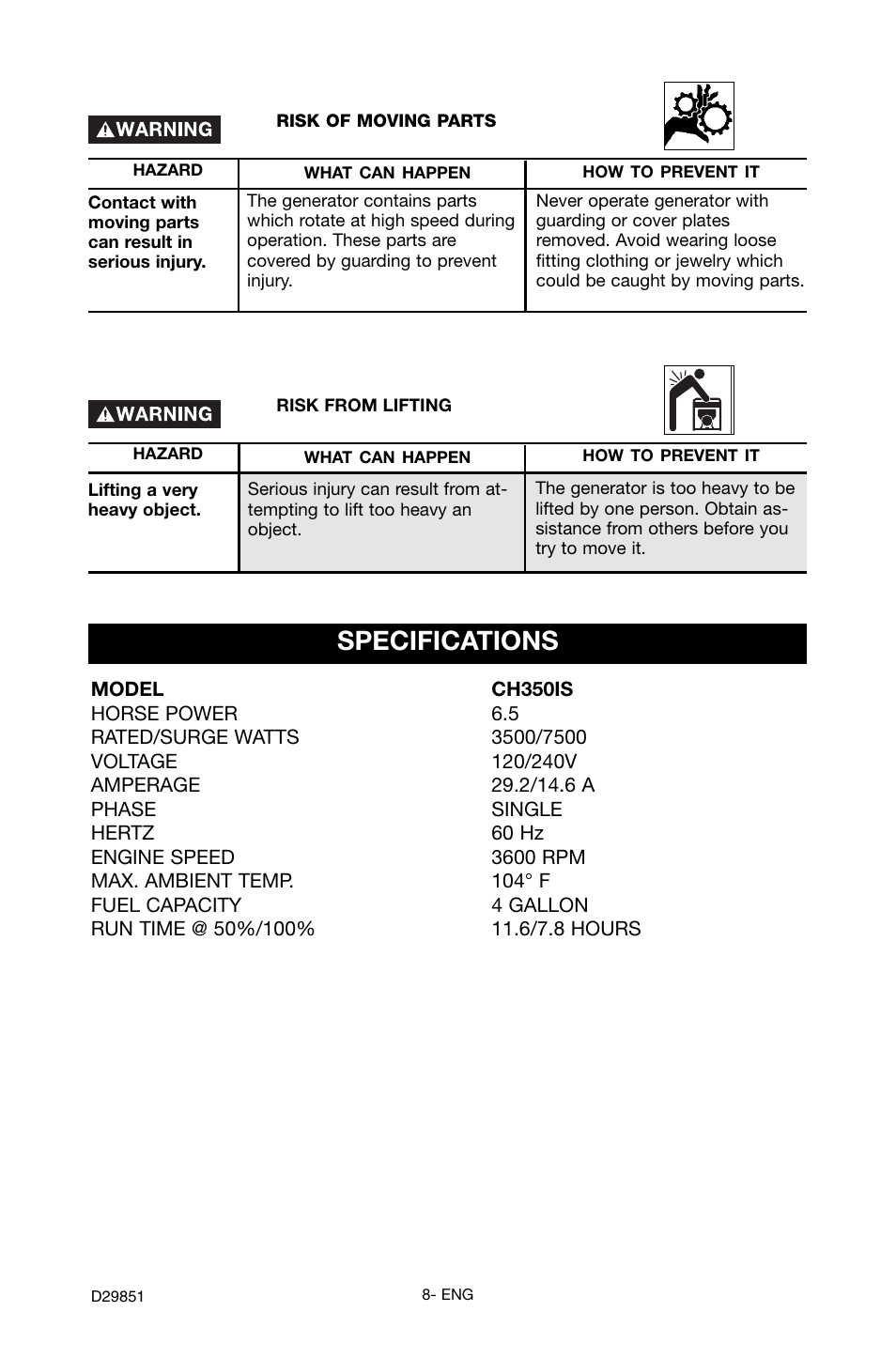 Specifications | Porter-Cable D29851-038-0 User Manual | Page 8 / 22