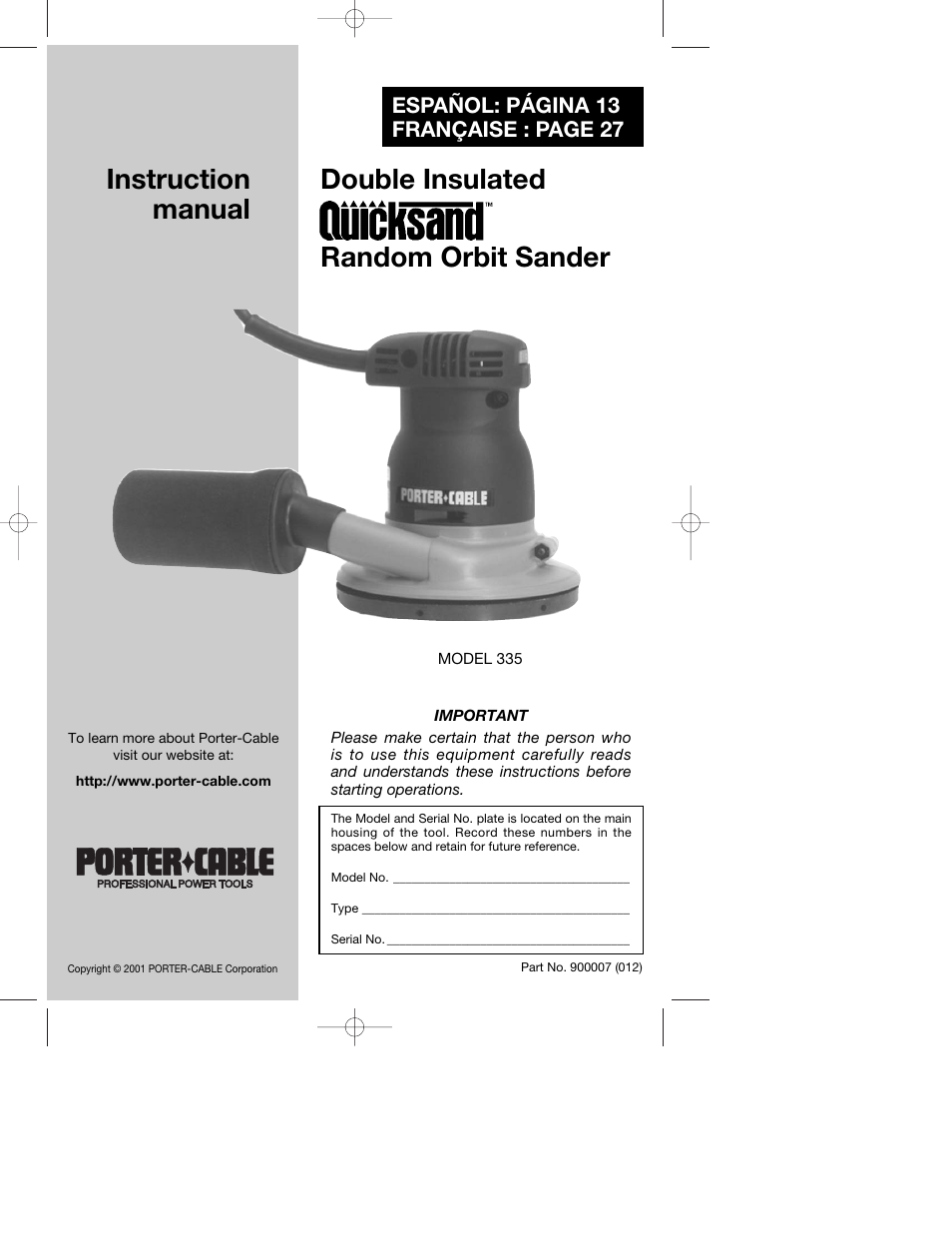 Porter-Cable QUICKSAND 335 User Manual | 13 pages