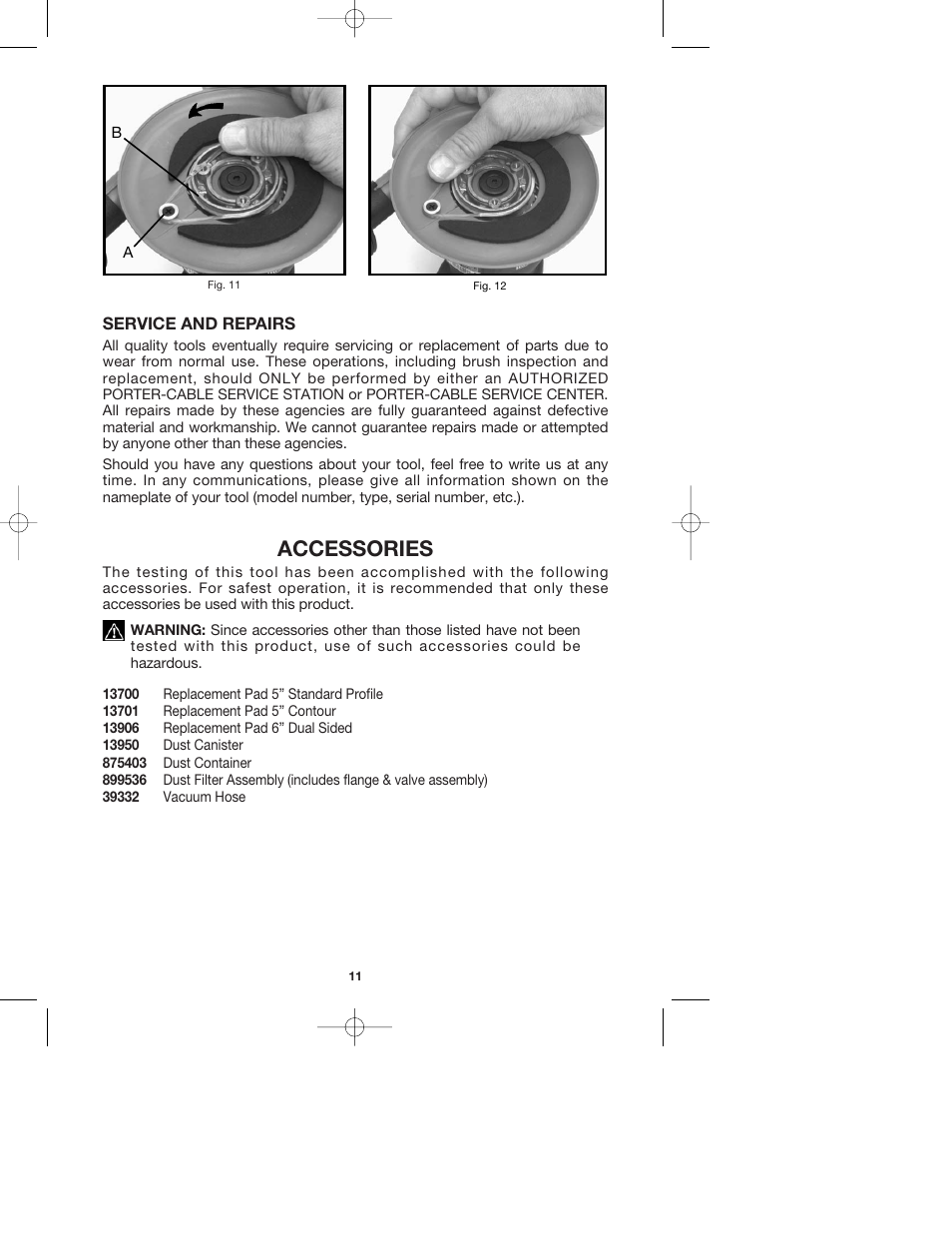 Accessories | Porter-Cable QUICKSAND 335 User Manual | Page 11 / 13